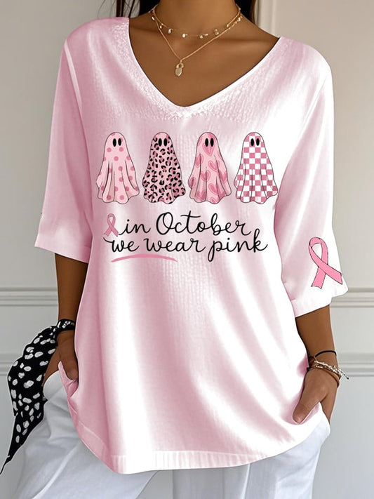 Women's In October We Wear Pink Breast Cancer Awareness Print Casual V Neck T-Shirt