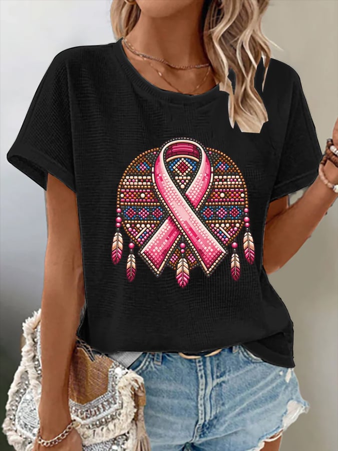 Women's Casual Breast Cancer Feather Waffle Crew Neck T-Shirt