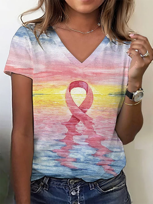 Women's Breast Cancer Awareness Graphic Print V-Neck Short Sleeve Comfortable T-Shirt