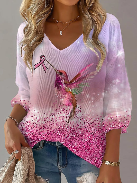 Women's Casual Pink Hummingbird Waffle Long-Sleeved T-Shirt