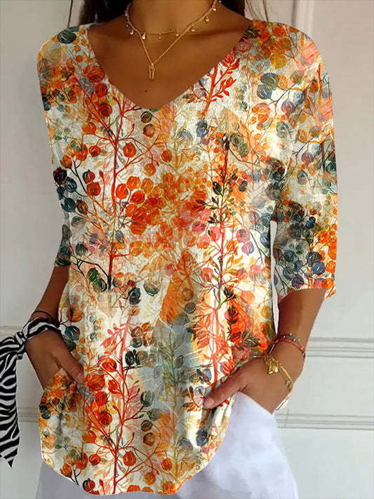Women's Autumn Leaves Printed Casual Mid-Sleeve T-Shirt