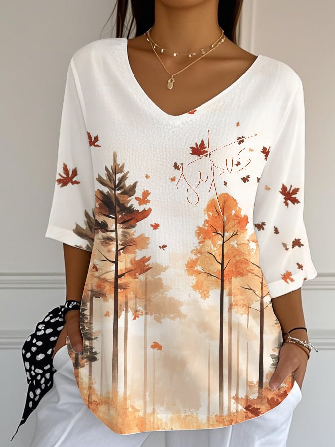 Women'S Casual Autumn Maple Leaf Jesus Faith Print V-Neck T-Shirt