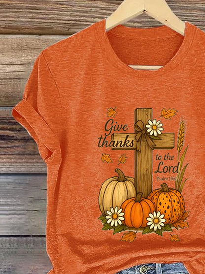 Women's Casual Faith Pumpkin Cross Short Sleeve T-Shirt