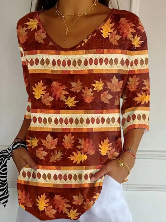 Women's Autumn Faith Maple Leaf Striped Fabric Casual V-neck Mid-sleeve T-shirt