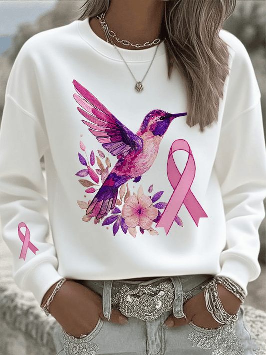 Women's Breast Cancer Hummingbird Print Crew Neck Sweatshirt