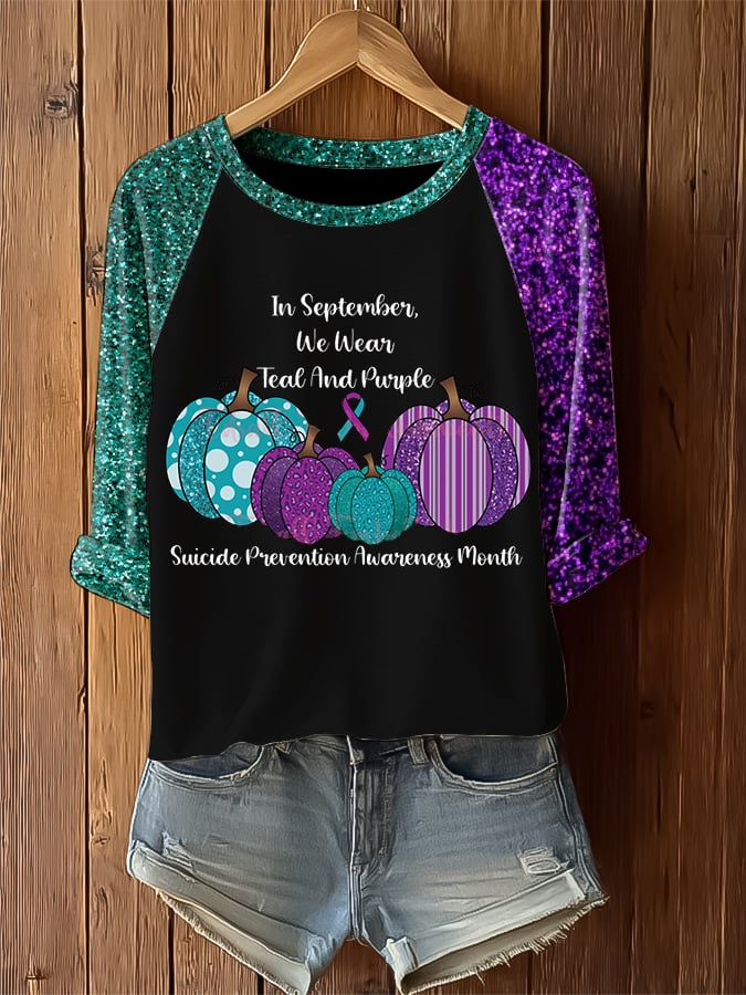 Women's In September We Wear Teal And Purple Suicide Prevention Awareness Print Raglan Sleeve T-Shirt