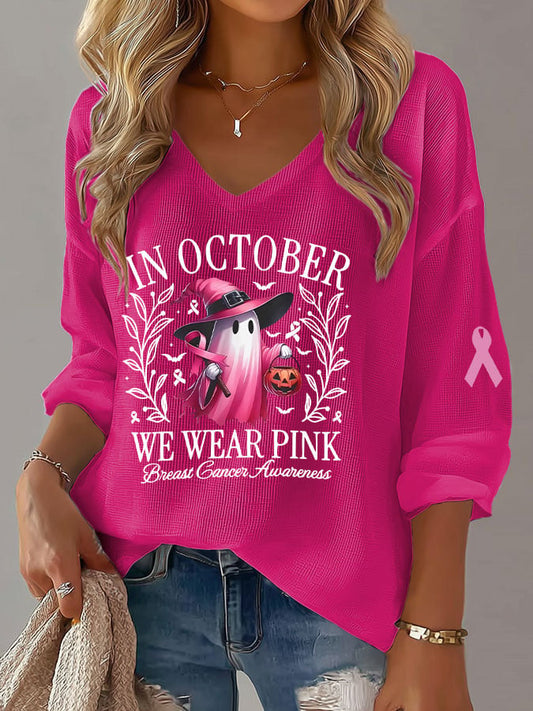Women's Casual In October We Wear Pink Waffle Long-Sleeved T-Shirt