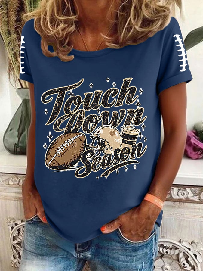 Women's Football Touch Down Season Printed Round Neck T-Shirt