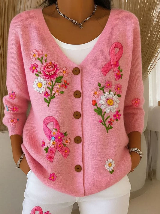 Women's Breast Cancer Print Chunky Knit Cardigan