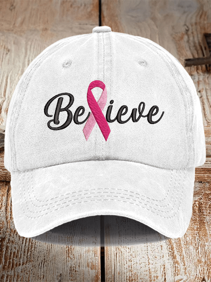 Breast Cancer Believe Ribbon Print Hat