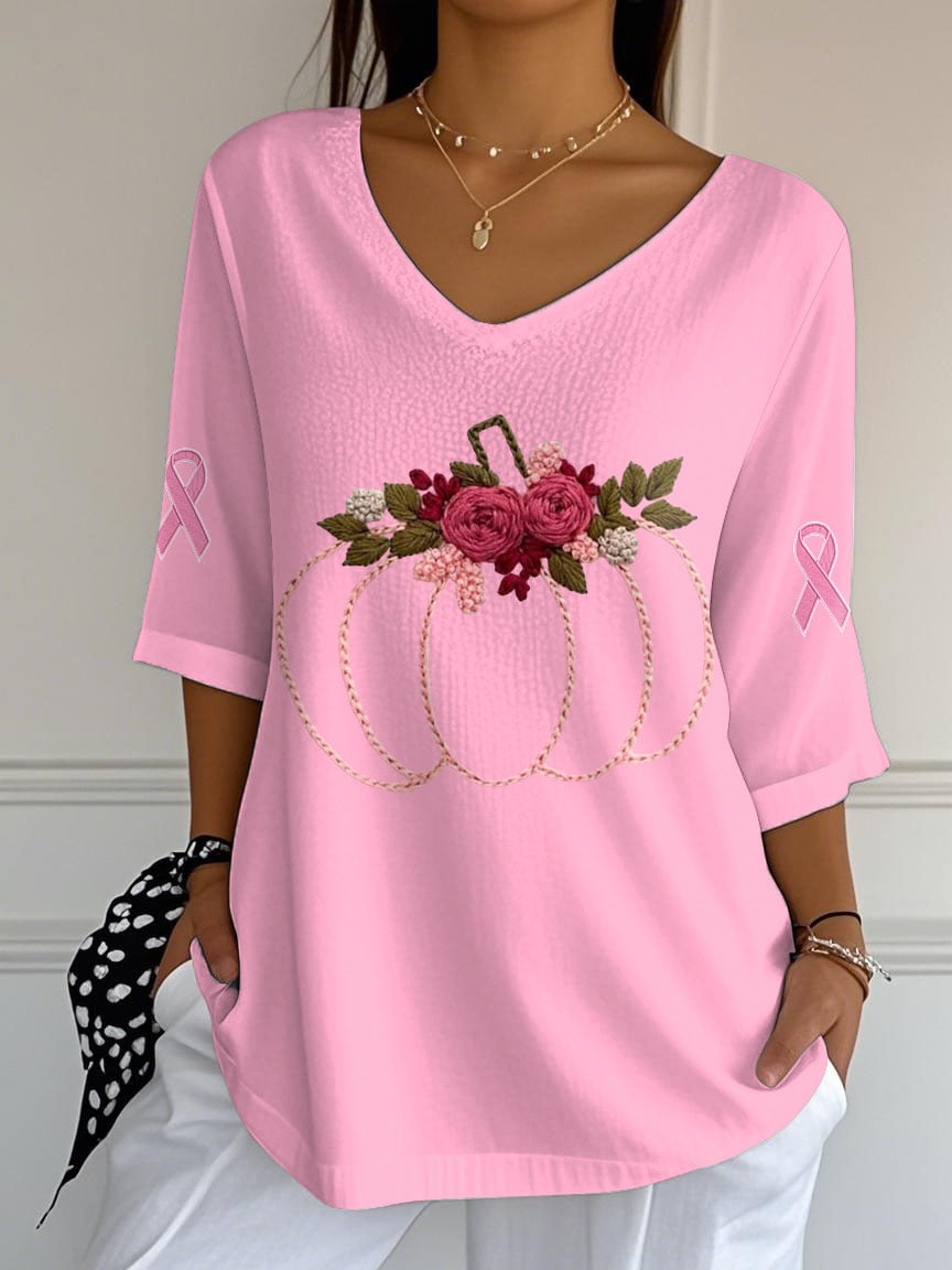 Women's Pink Pumpkin Ribbon Print Mid Sleeve T-Shirt