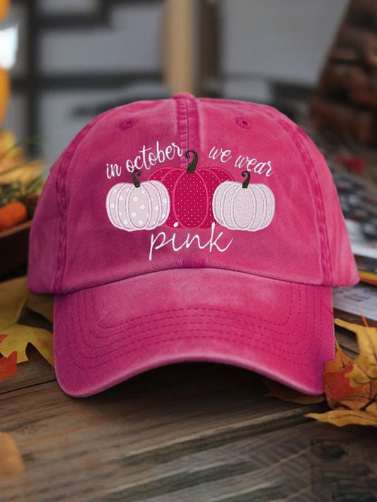 Women's Pink Pumpkin Print Washed Cotton Hat