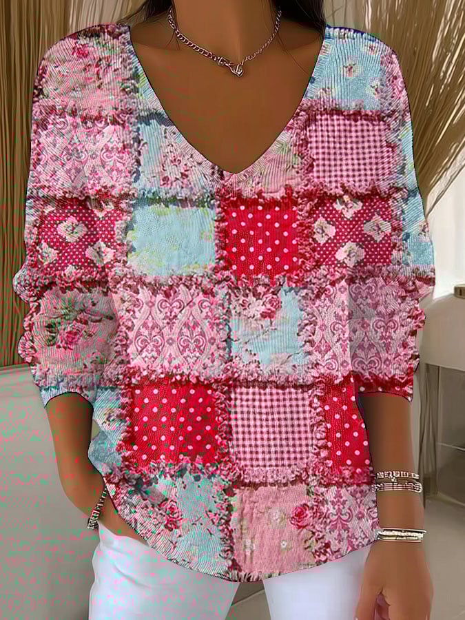 Women's Casual Pink Patchwork Art Print Sweater