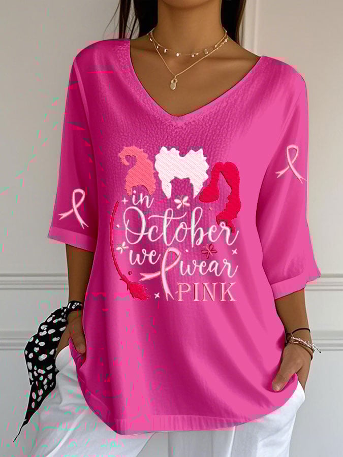 Women's Breast Cancer Witch Print  Casual V-Neck Top