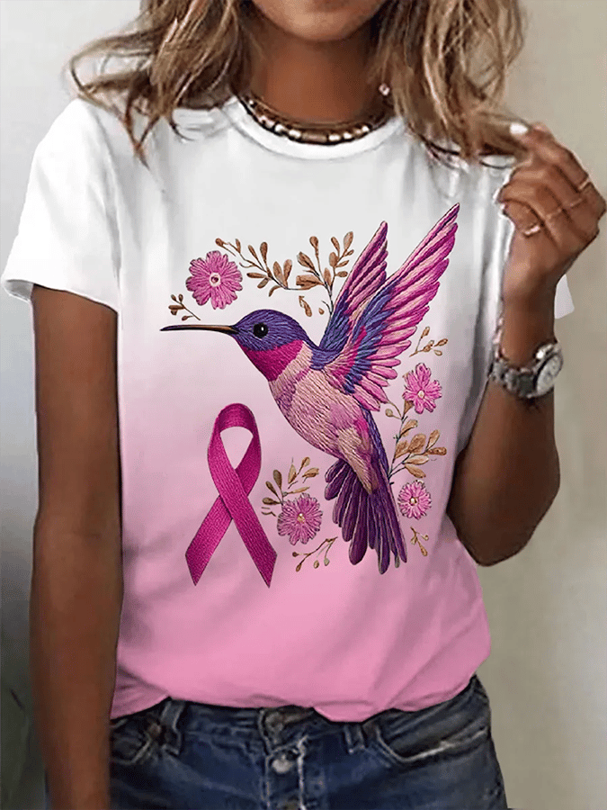Women's Breast Cancer Awareness Hummingbird Print Crew Neck T-Shirt