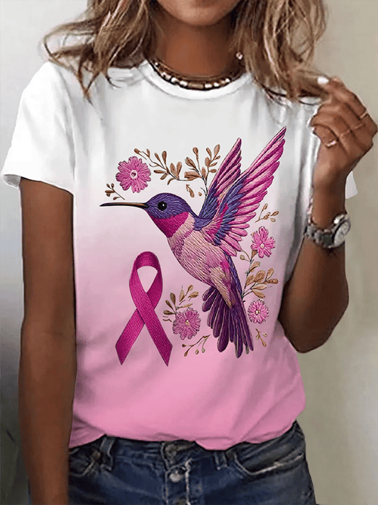 Women's Breast Cancer Awareness Hummingbird Print Crew Neck T-Shirt