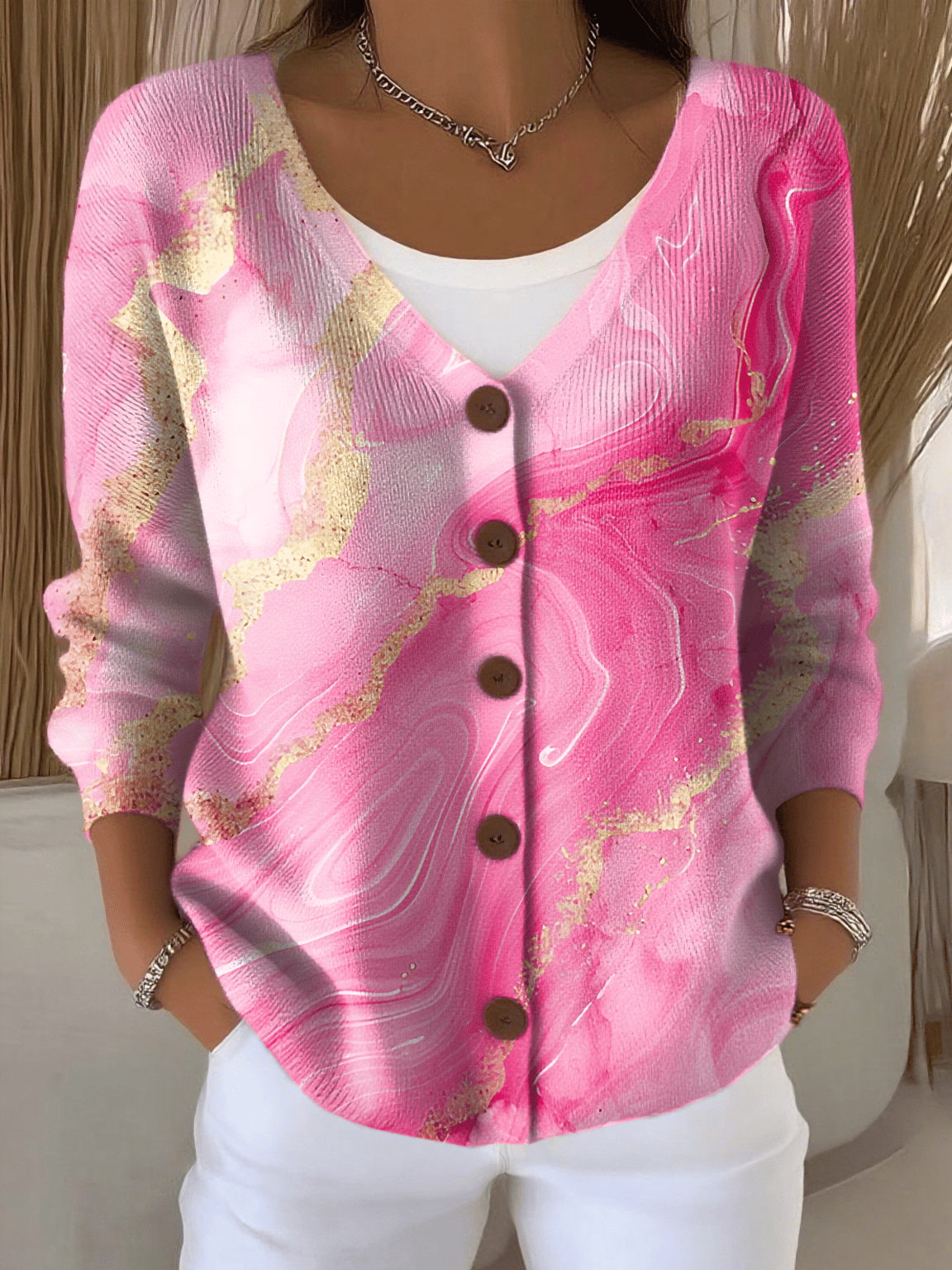 Women's Breast Cancer Awareness Print Chunky Knit Cardigan