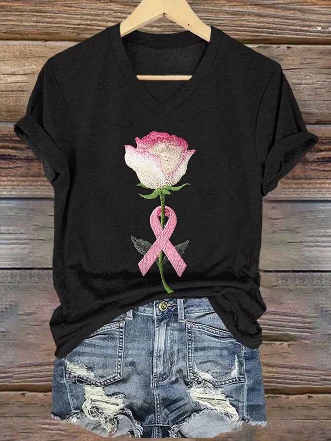 Women's embroidered pink floral print T-shirt