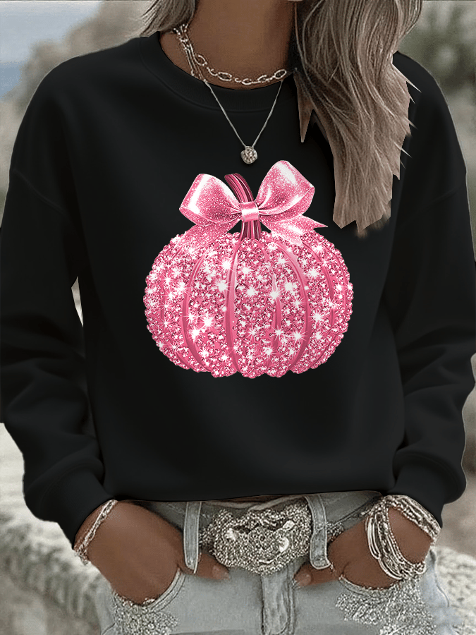 Women's Breast Cancer Sequin Pumpkin Print Crew Neck Sweatshirt