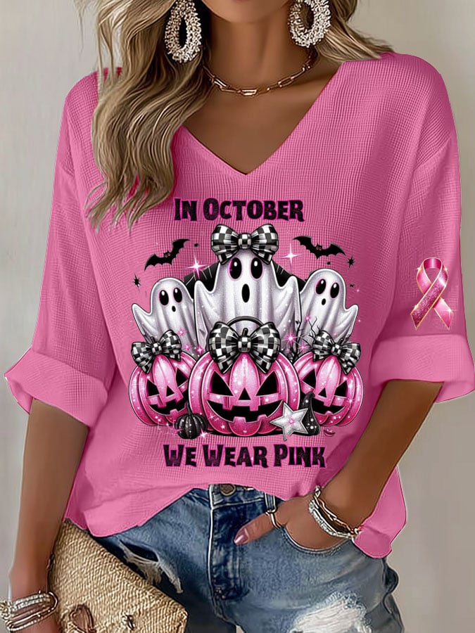 Women's  In October We Wear Pink Print Casual  Long Sleeve T-Shirt