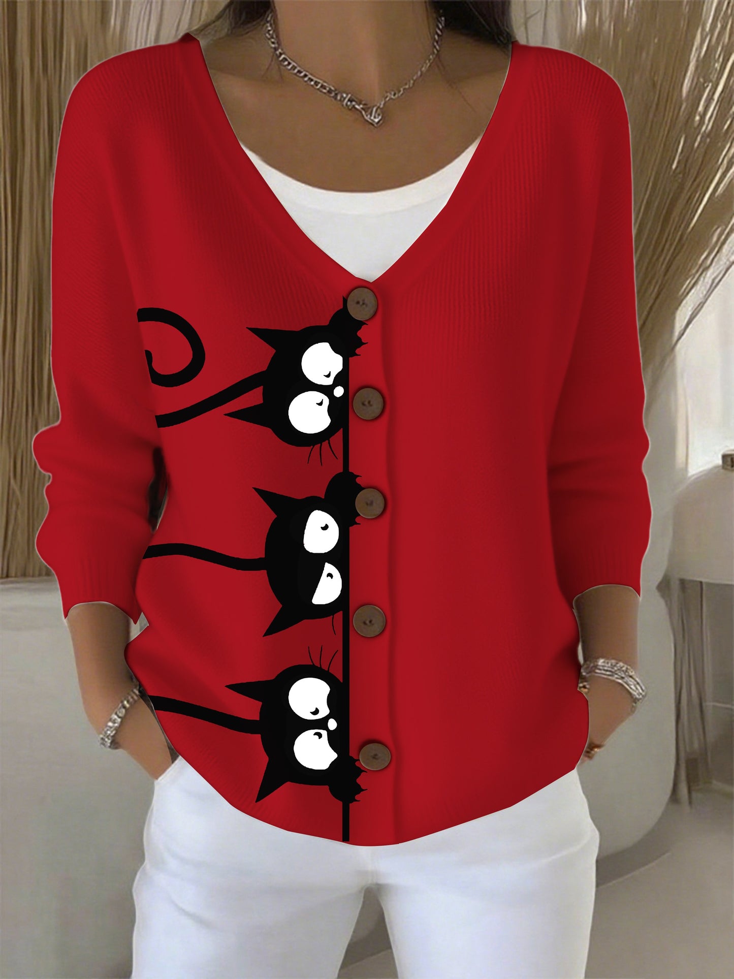 Women's Autumn Sleeping Black Cat Fun Printed Sweater Cardigan