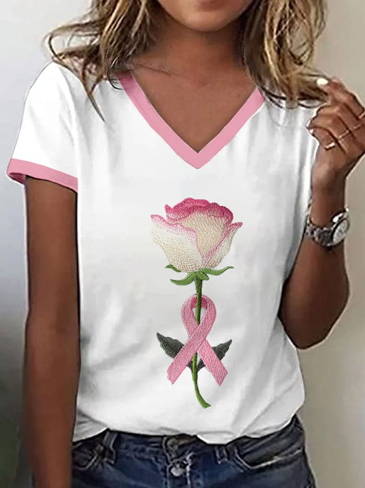 Women's Breast Cancer Awareness Graphic Print V-Neck Short Sleeve Comfortable T-Shirt
