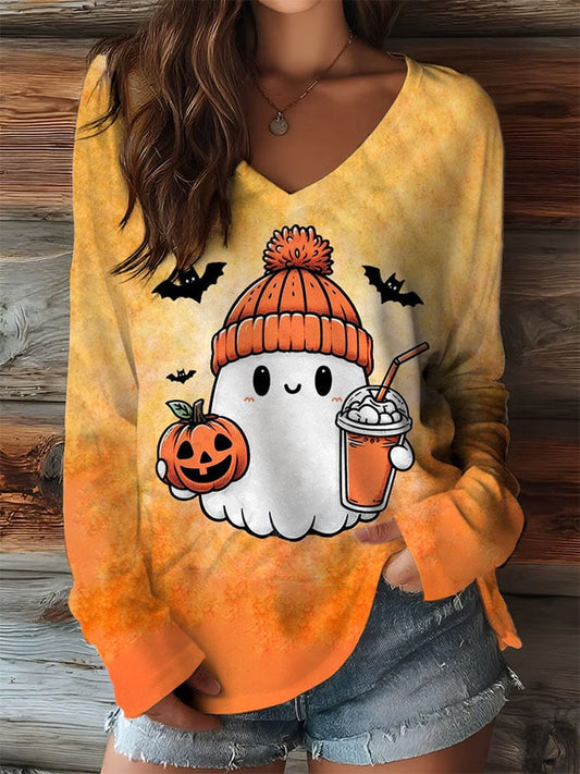 Women's Autumn Ghost Pumpkin Print V-Neck T-Shirt