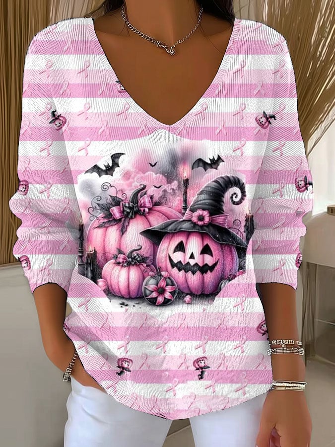 Women's Pink Pumpkin Breast Cancer Print Sweater