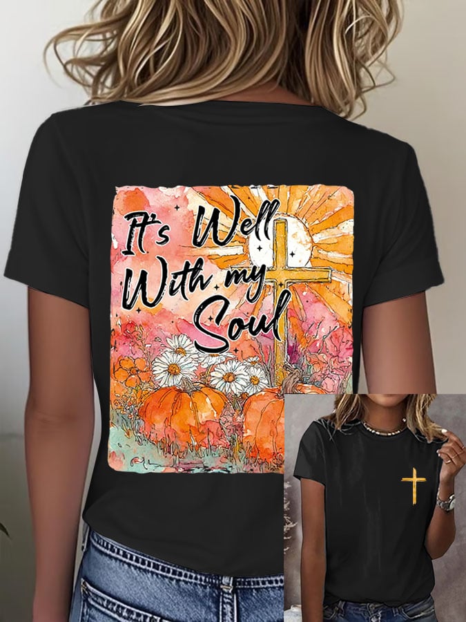 Women's Retro Fall Bible Its Well My Soul Print T-Shirt