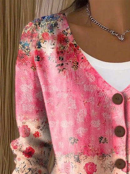 Women's Casual Retro Plant Pattern Ribbed Cardigan