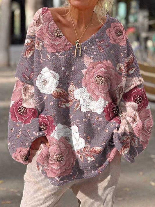 Women's Pink Floral Breast Cancer Awareness Print Casual Knit Sweater