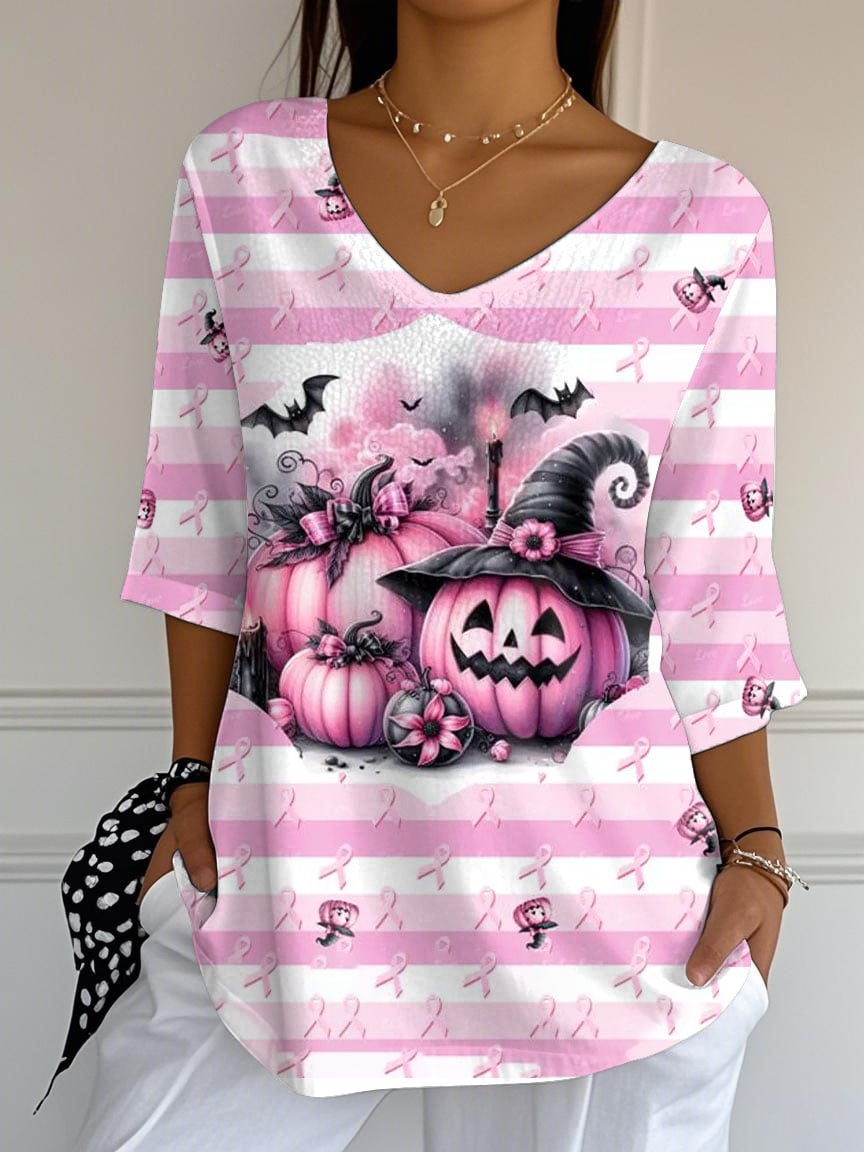 Women's Pink Pumpkin Breast Cancer Printed T-Shirt