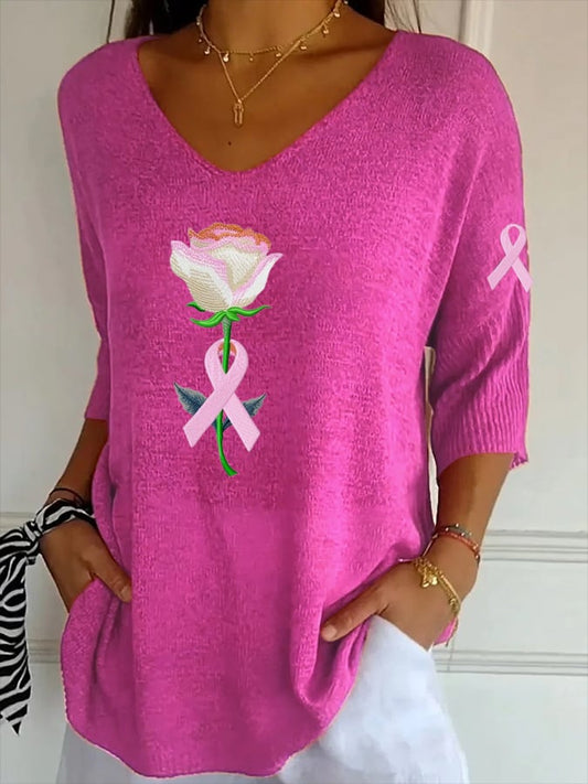Women's Breast Cancer Embroidery Floral Print Striped Fabric Casual V-Neck Mid Sleeve T-Shirt