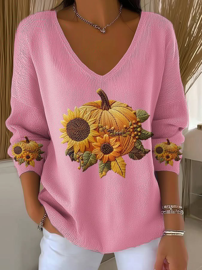 Women's Casual Pumpkin Floral Long Sleeve T-Shirt
