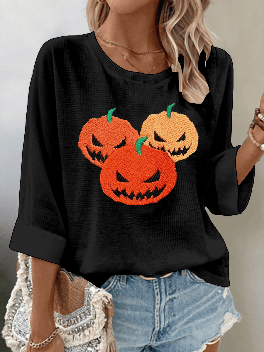 Women's Pumpkin Face Print 3/4 Sleeve T-Shirt