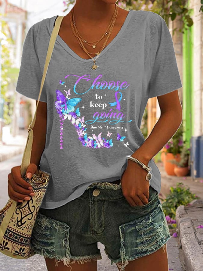 Women's V-Neck Suicide Prevention Awareness Print Casual T-Shirt