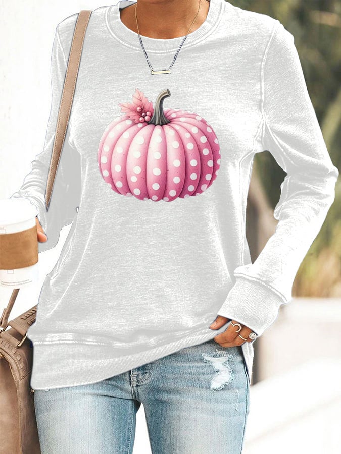 Women's Pink Pumpkin Print Casual Sweatshirt