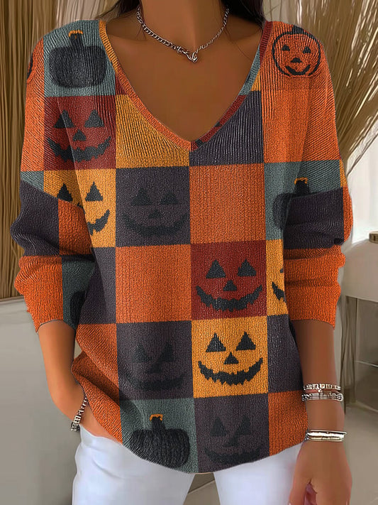 Women's Patchwork Pumpkin Art Print Long Sleeve Top