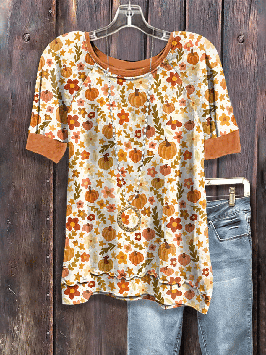 Women's Fall Pumpkin Floral Print Casual T-Shirt