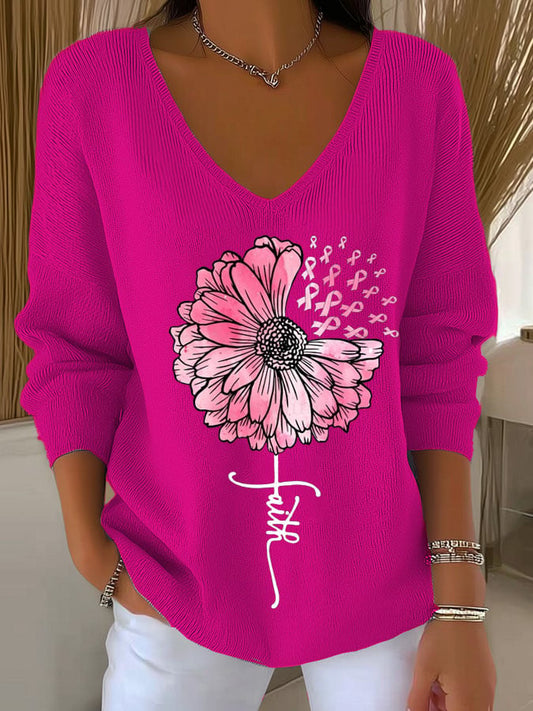 Women's Faith Breast Cancer Awareness Sunflower Print T-Shirt