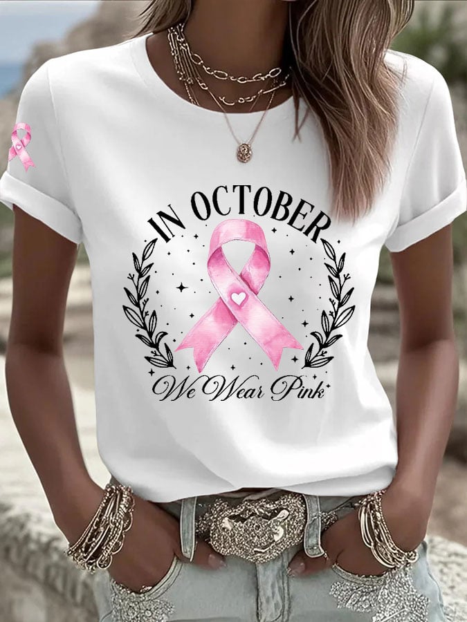 Women's Breast Cancer In October We Wear Pink Print Casual T-shirt