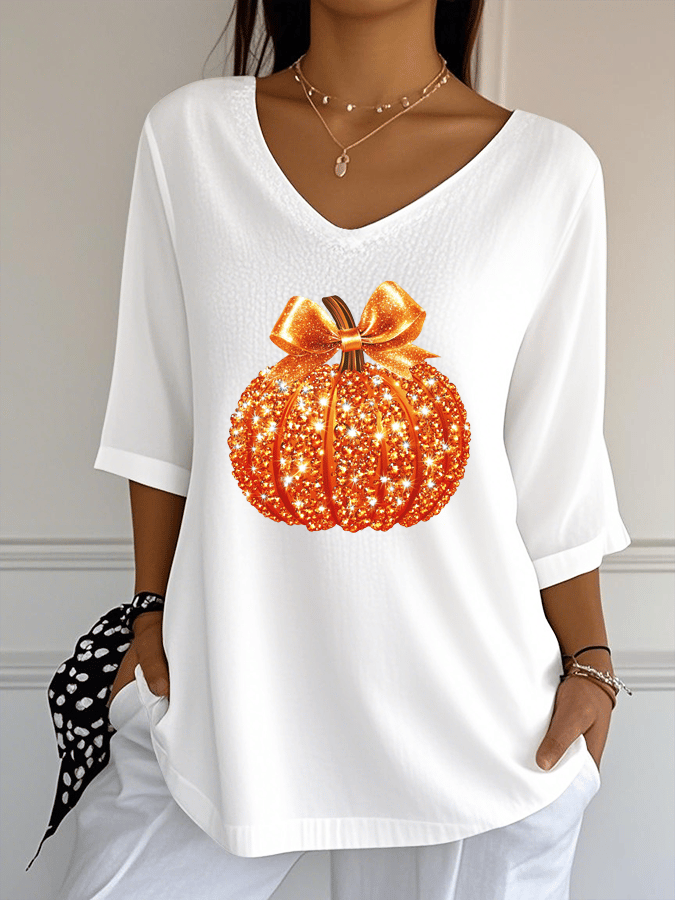 Women's Sequined Pumpkin Print Jacquard Fabric Casual V-Neck Top