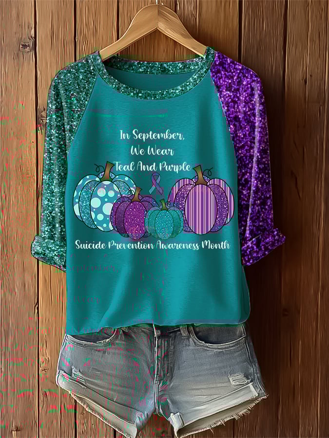 Women's In September We Wear Teal And Purple Suicide Prevention Awareness Print Raglan Sleeve T-Shirt