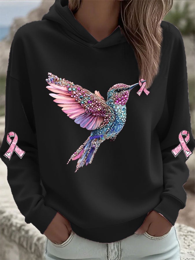 Women's Breast Cancer Hummingbird Print Hooded Sweatshirt