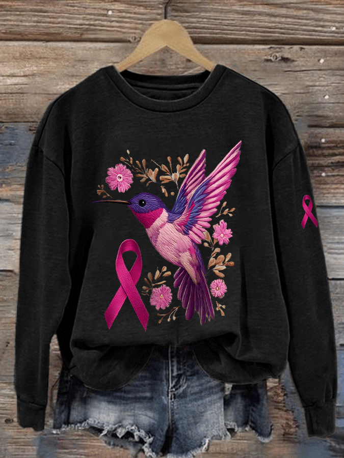 Women's Breast Cancer Awareness Hummingbird Print Crew Neck Sweatshirt
