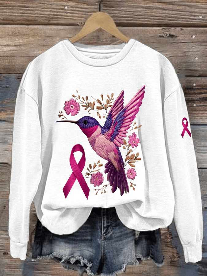 Women's Breast Cancer Awareness Hummingbird Print Crew Neck Sweatshirt