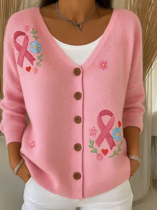 Women's Breast Cancer Print Chunky Knit Cardigan