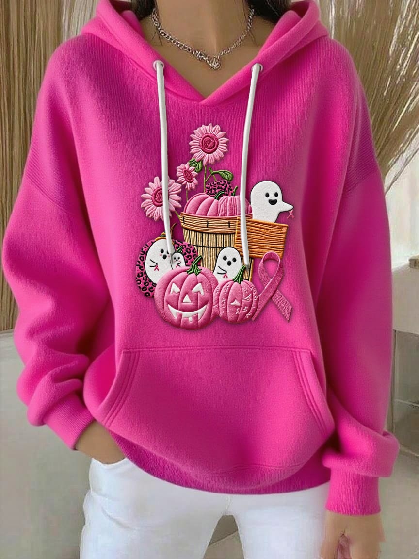 Women's Breast Cancer Sequin Pumpkin Print Casual Hoodie