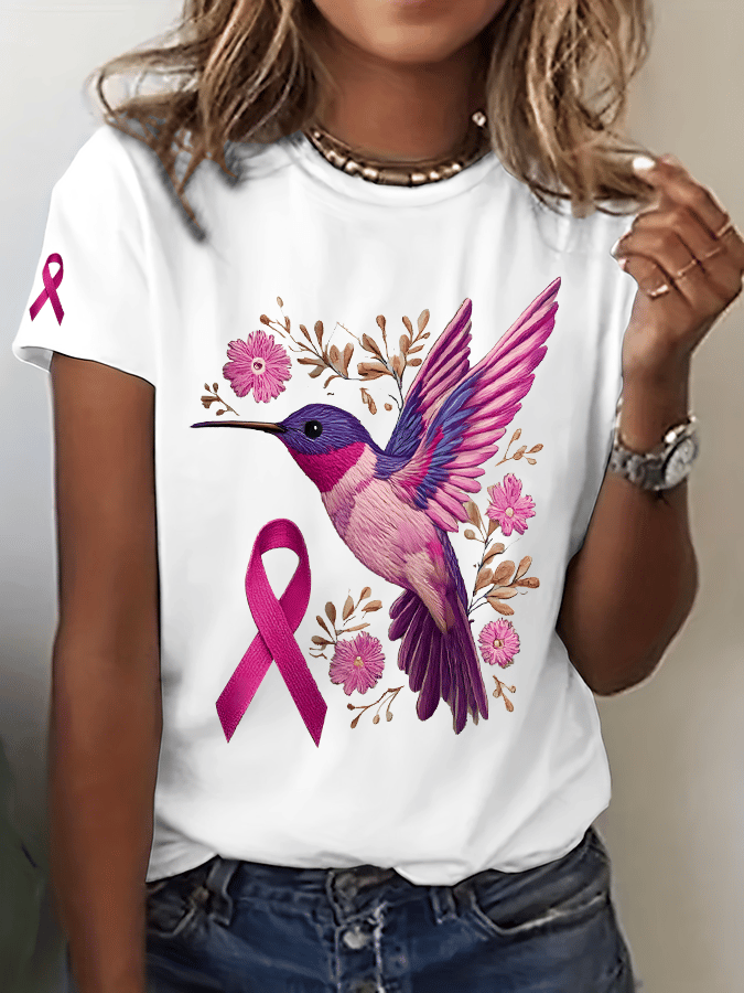 Women's Breast Cancer Hummingbird Print Crew Neck T-Shirt