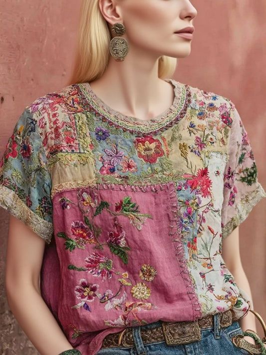 Women's Summer Elegant Flower Faux Embroidery Printed Casual Tops